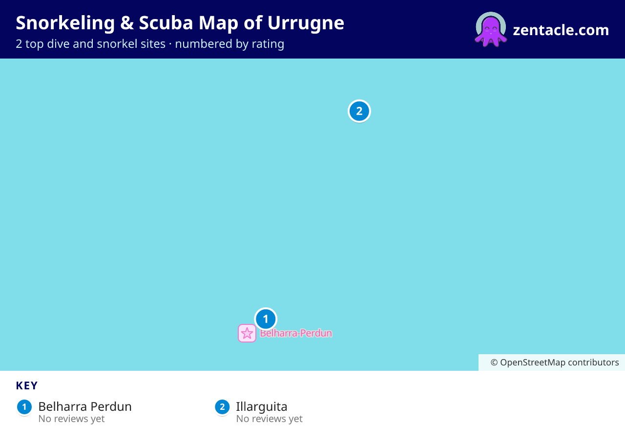 Snorkeling & Scuba Map of Urrugne: numbered map of the top 2 dive and snorkel sites, with ratings