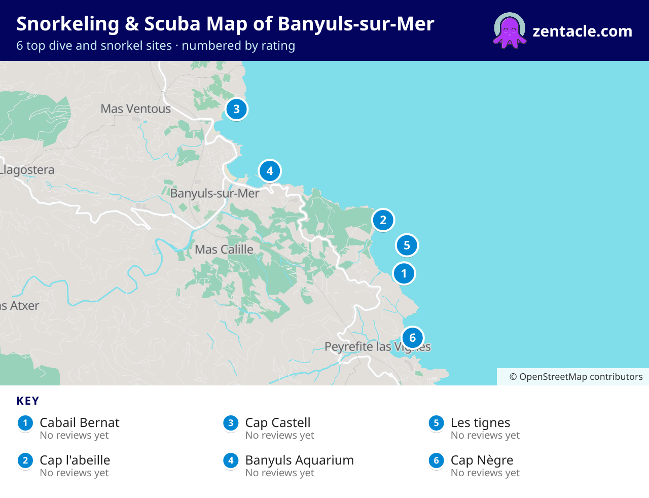 Snorkeling & Scuba Map of Banyuls-sur-Mer: numbered map of the top 6 dive and snorkel sites, with ratings