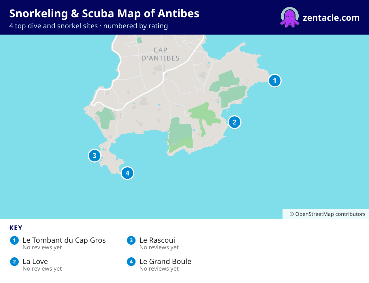 Snorkeling & Scuba Map of Antibes: numbered map of the top 4 dive and snorkel sites, with ratings