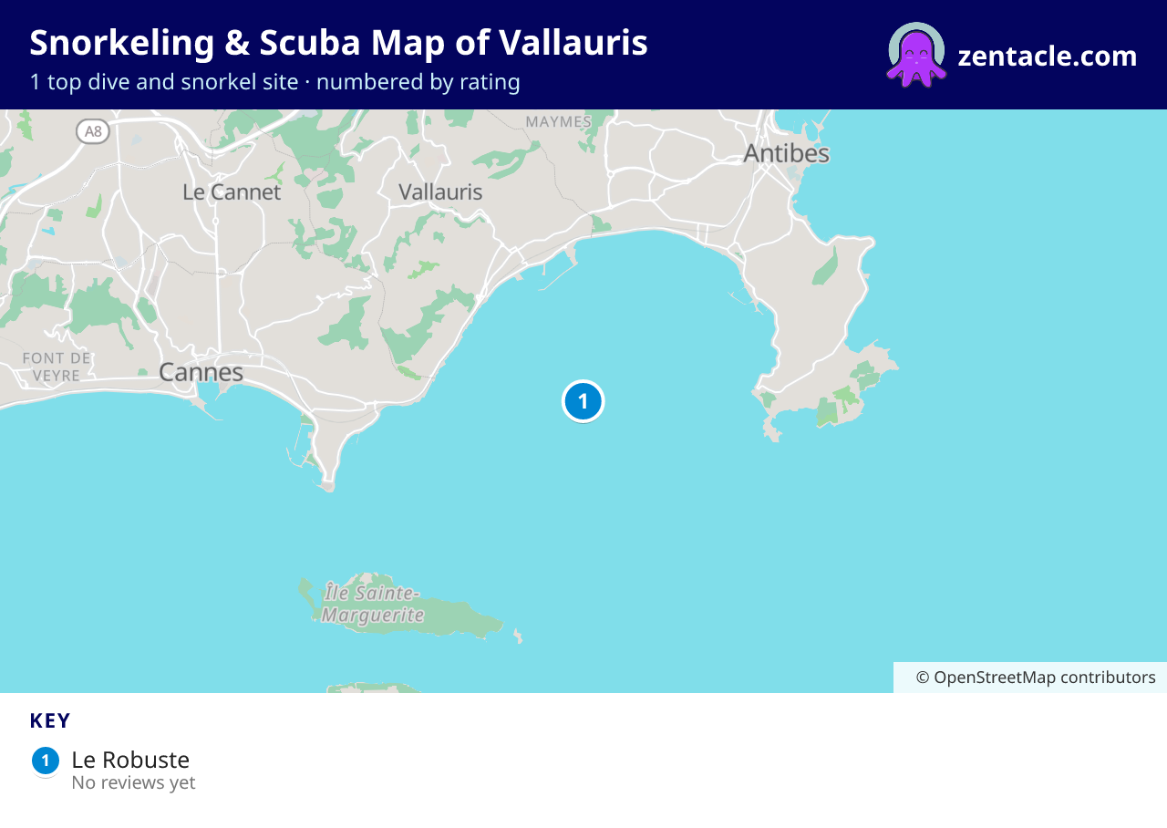 Snorkeling & Scuba Map of Vallauris: numbered map of the top 1 dive and snorkel sites, with ratings