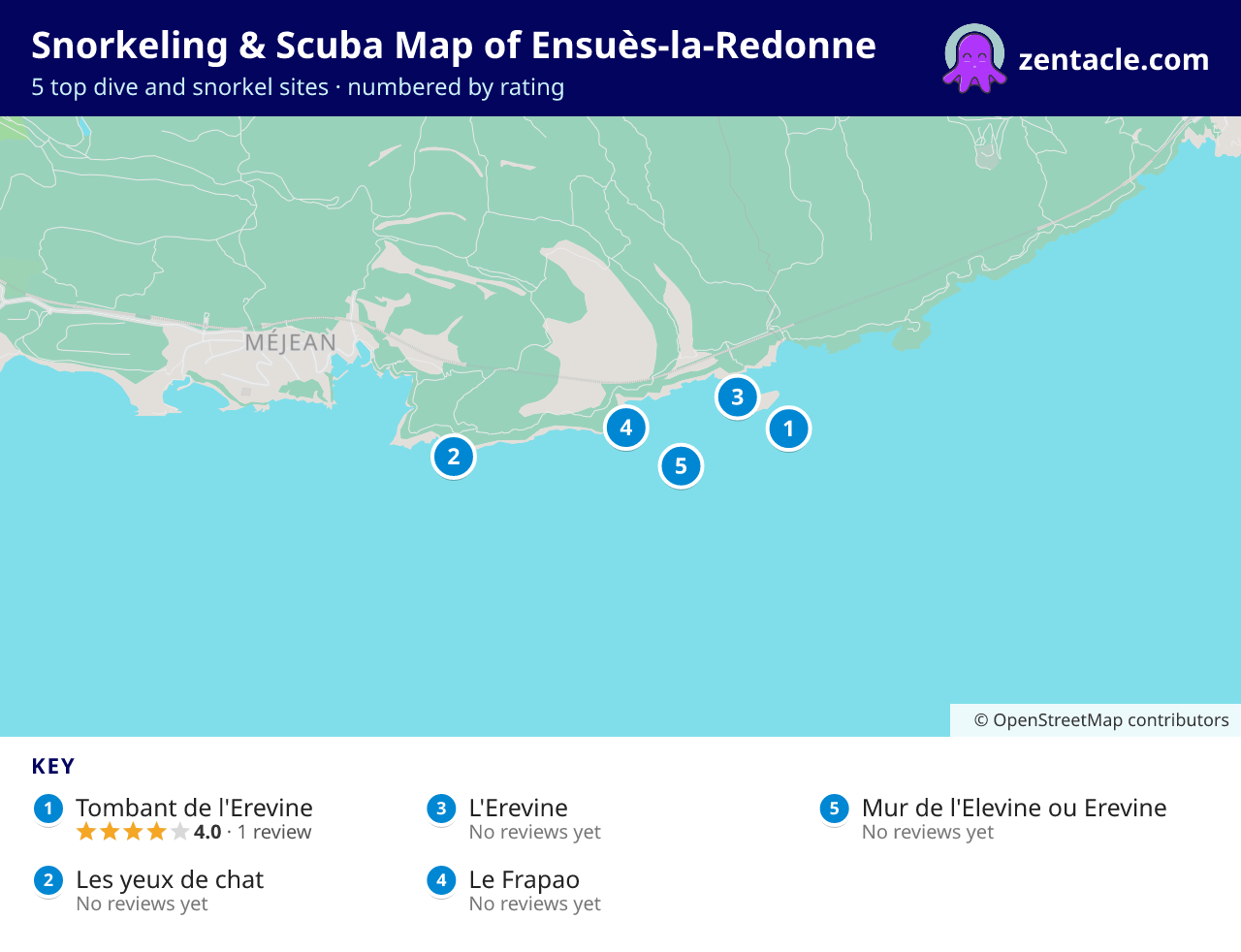 Snorkeling & Scuba Map of Ensuès-la-Redonne: numbered map of the top 5 dive and snorkel sites, with ratings