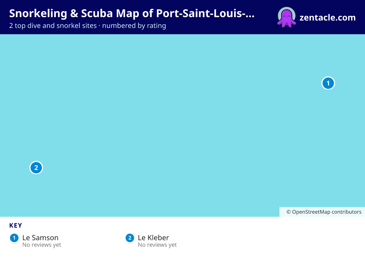 Snorkeling & Scuba Map of Port-Saint-Louis-du-Rhône: numbered map of the top 2 dive and snorkel sites, with ratings