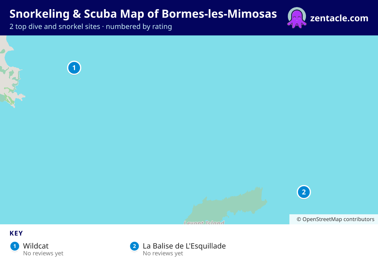 Snorkeling & Scuba Map of Bormes-les-Mimosas: numbered map of the top 2 dive and snorkel sites, with ratings