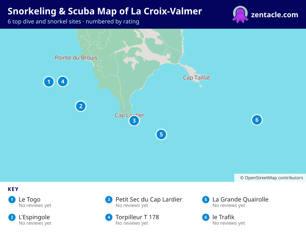 Snorkeling & Scuba Map of La Croix-Valmer: numbered map of the top 6 dive and snorkel sites, with ratings