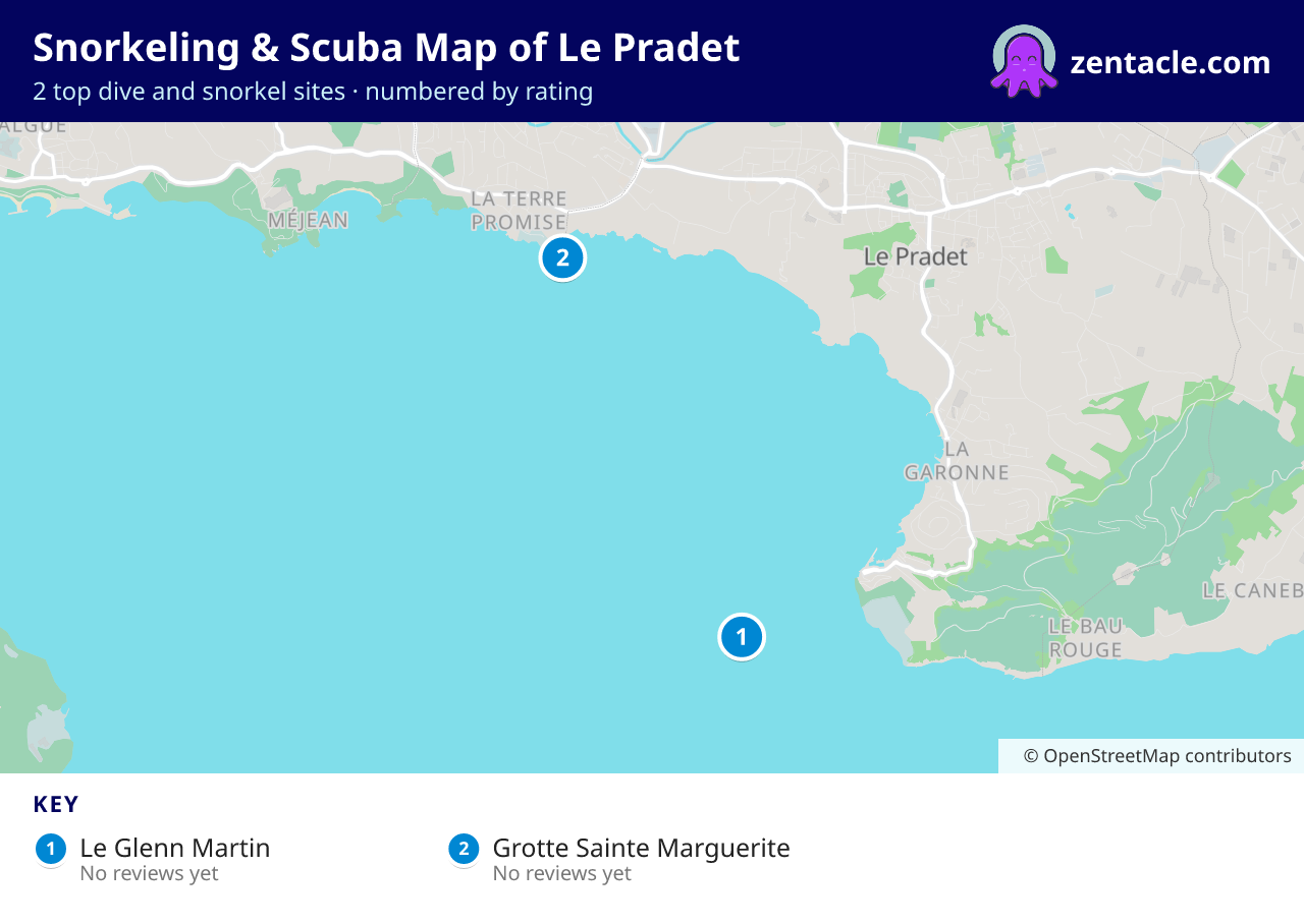 Snorkeling & Scuba Map of Le Pradet: numbered map of the top 2 dive and snorkel sites, with ratings