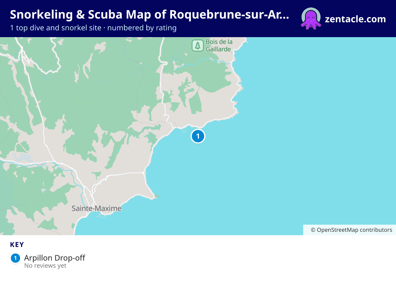 Snorkeling & Scuba Map of Roquebrune-sur-Argens: numbered map of the top 1 dive and snorkel sites, with ratings