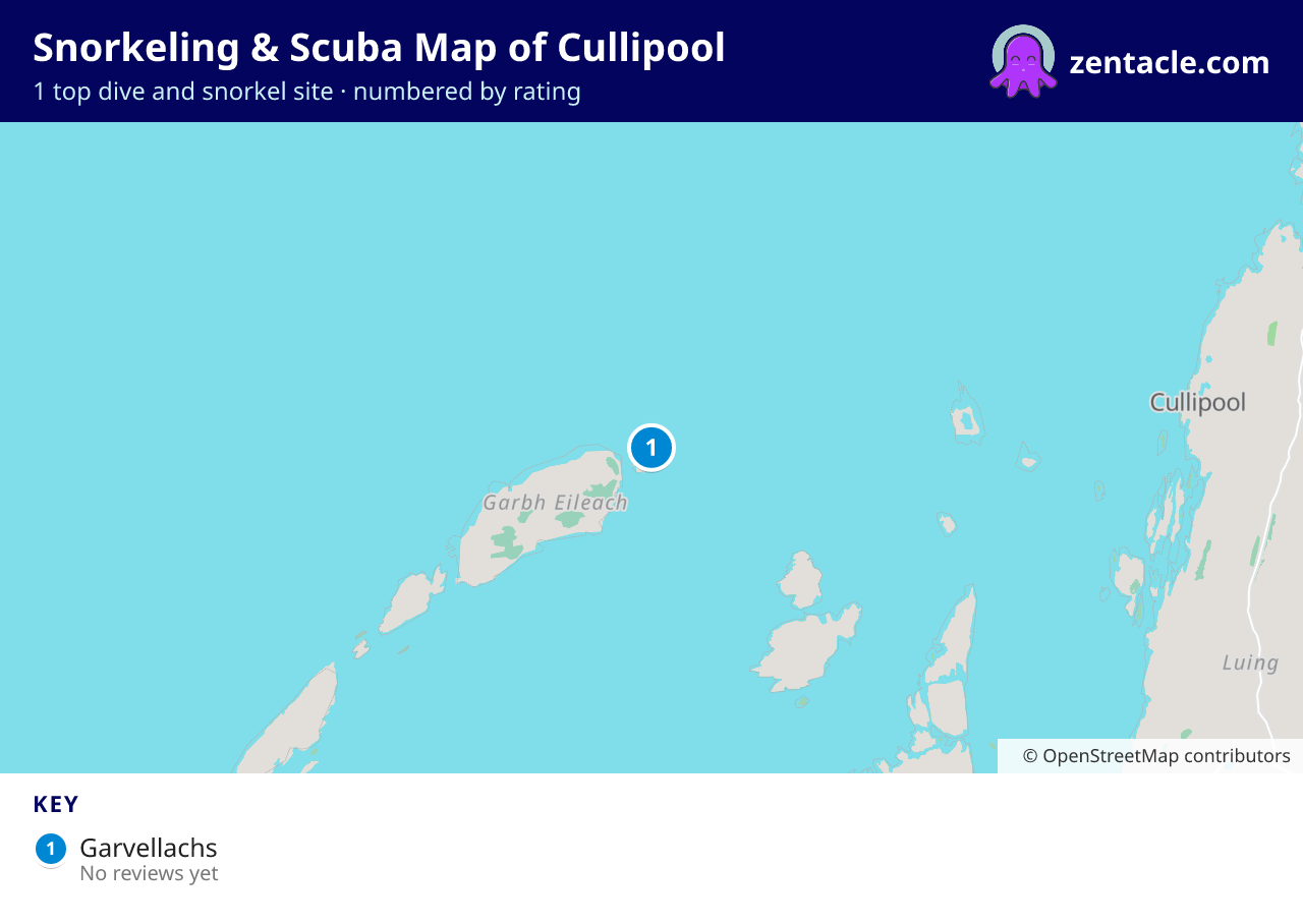 Snorkeling & Scuba Map of Cullipool: numbered map of the top 1 dive and snorkel sites, with ratings