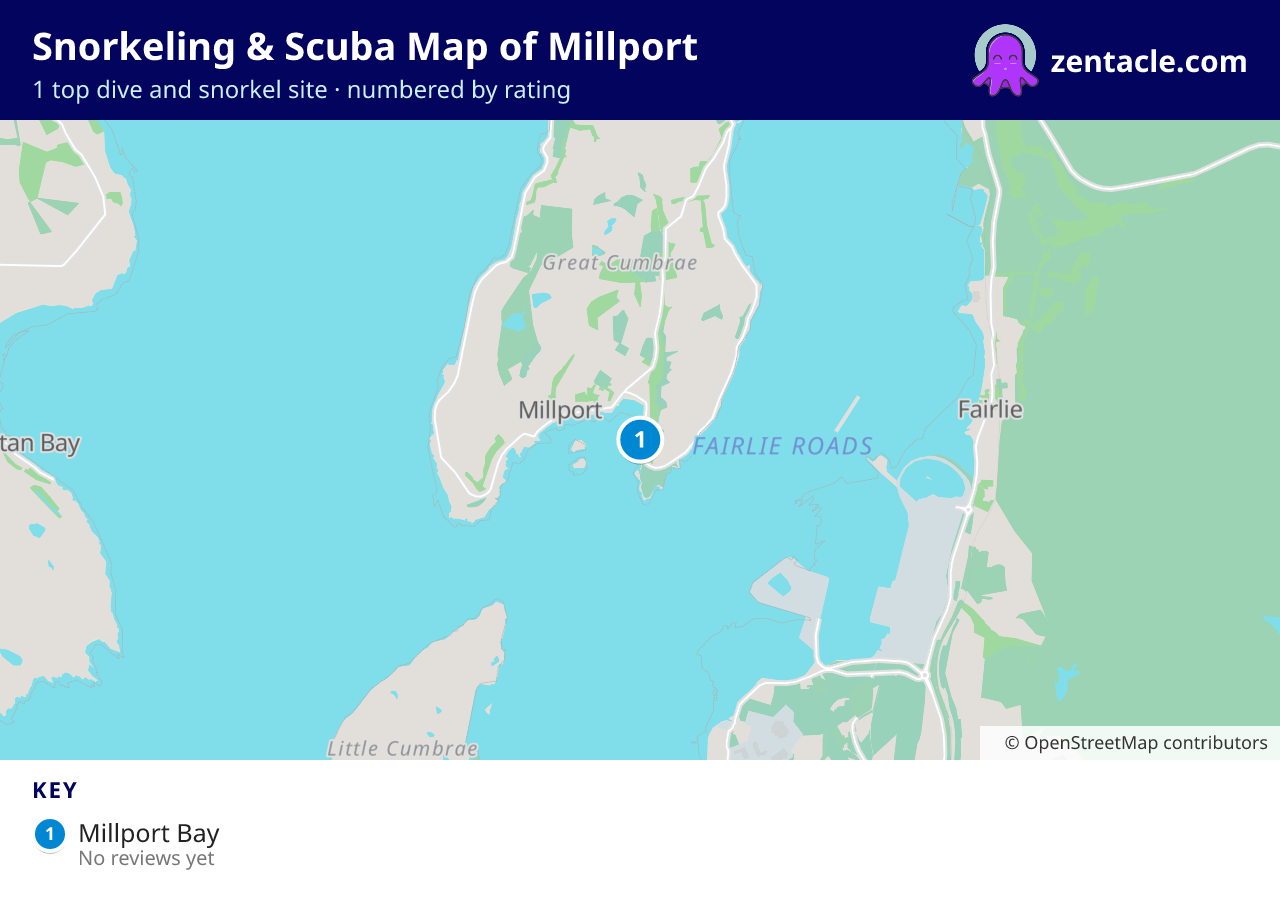 Snorkeling & Scuba Map of Millport: numbered map of the top 1 dive and snorkel sites, with ratings
