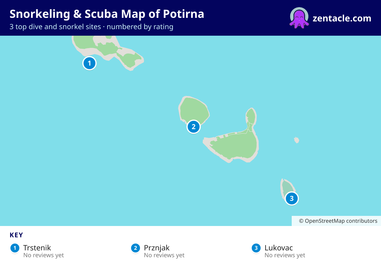 Snorkeling & Scuba Map of Potirna: numbered map of the top 3 dive and snorkel sites, with ratings