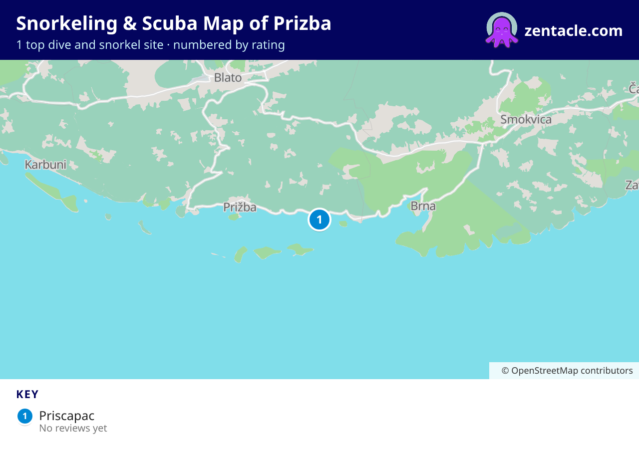 Snorkeling & Scuba Map of Prizba: numbered map of the top 1 dive and snorkel sites, with ratings