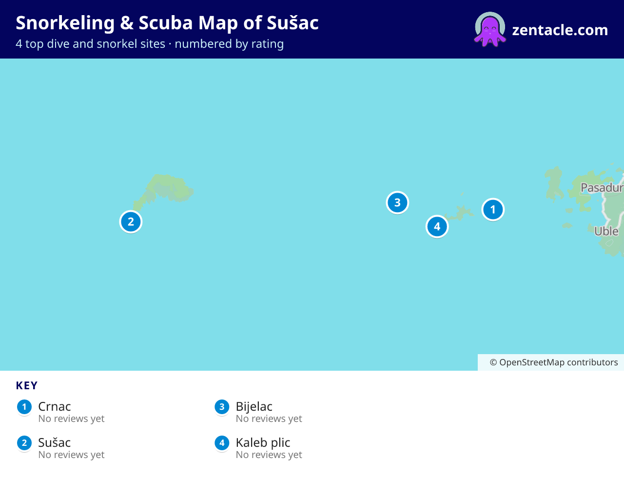 Snorkeling & Scuba Map of Sušac: numbered map of the top 4 dive and snorkel sites, with ratings