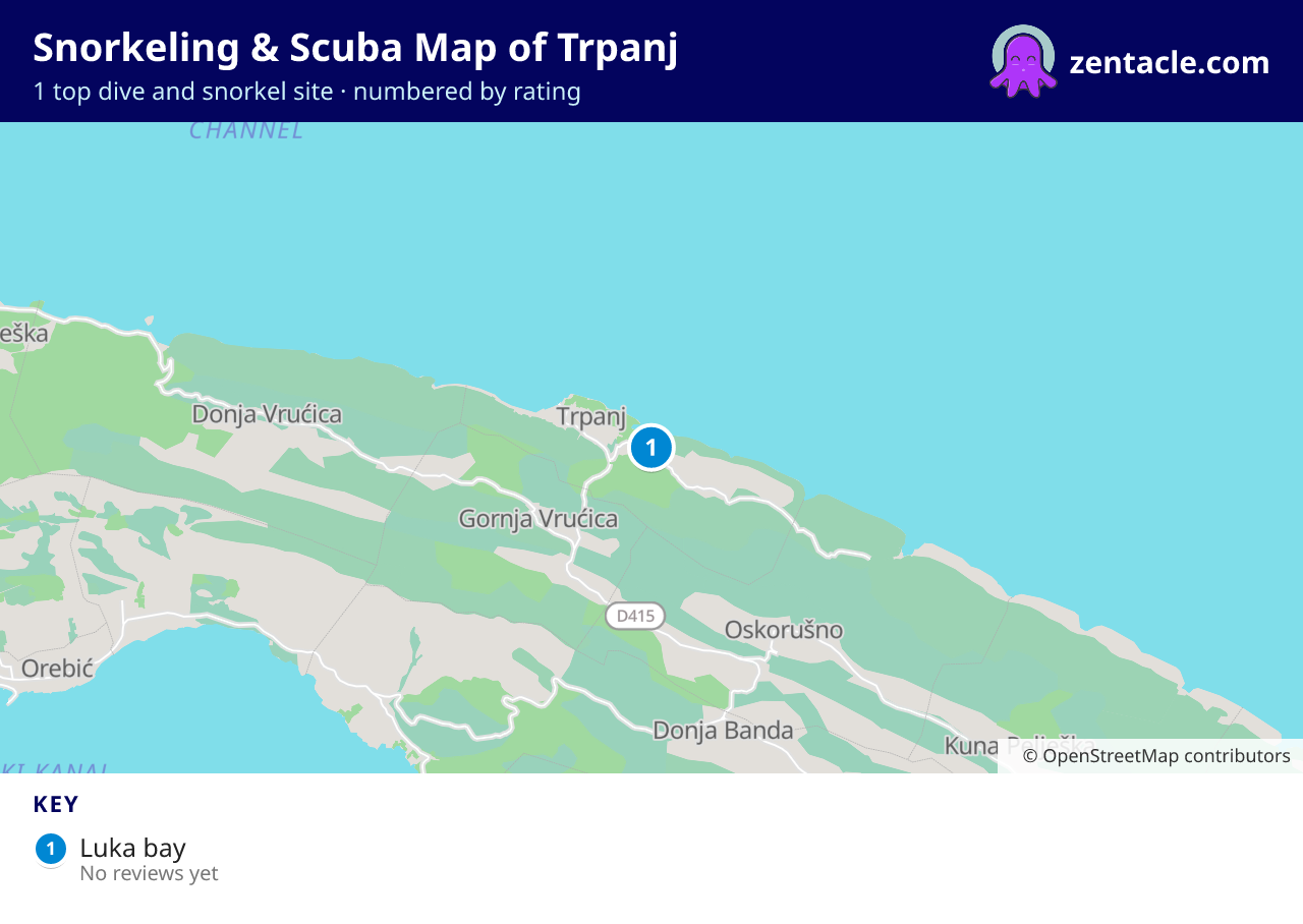 Snorkeling & Scuba Map of Trpanj: numbered map of the top 1 dive and snorkel sites, with ratings