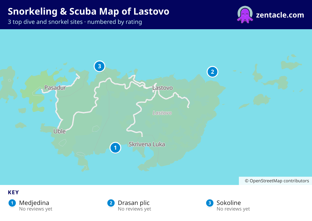 Snorkeling & Scuba Map of Lastovo: numbered map of the top 3 dive and snorkel sites, with ratings