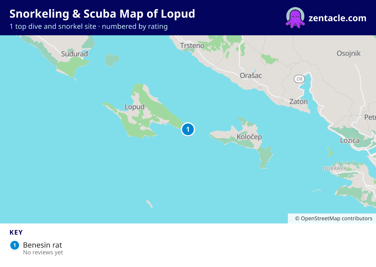 Snorkeling & Scuba Map of Lopud: numbered map of the top 1 dive and snorkel sites, with ratings
