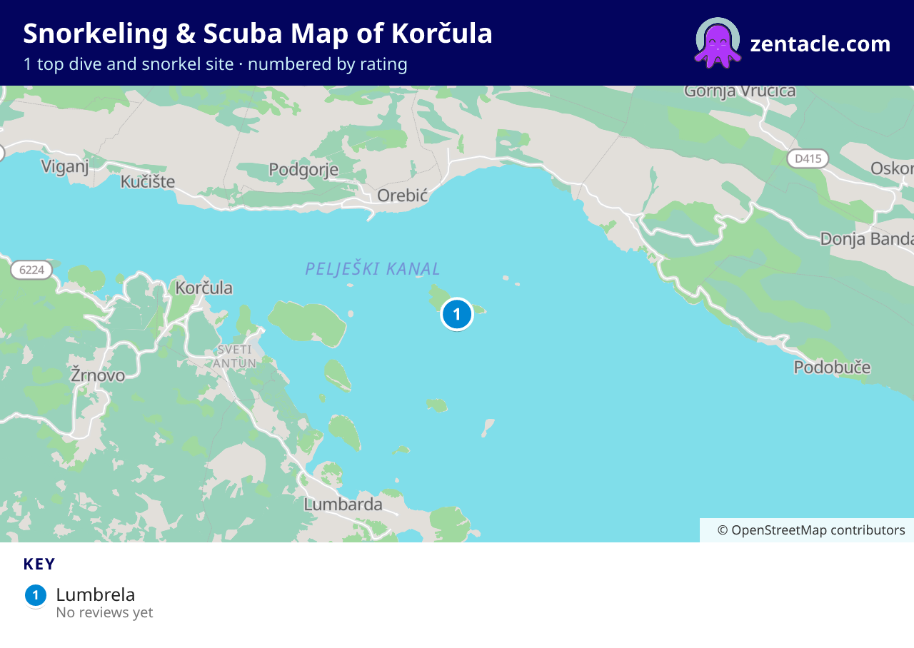 Snorkeling & Scuba Map of Korčula: numbered map of the top 1 dive and snorkel sites, with ratings