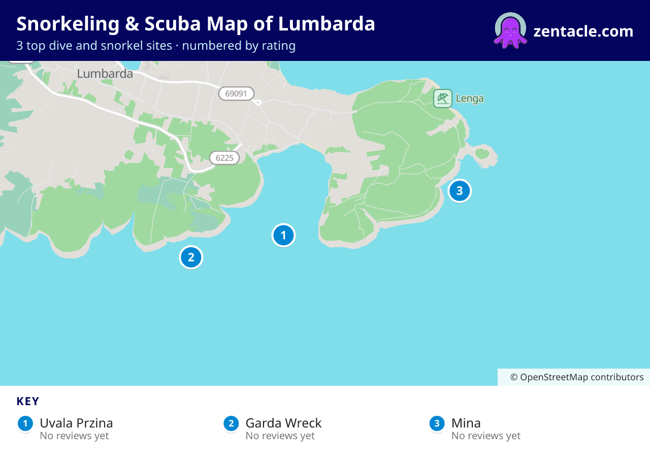 Snorkeling & Scuba Map of Lumbarda: numbered map of the top 3 dive and snorkel sites, with ratings