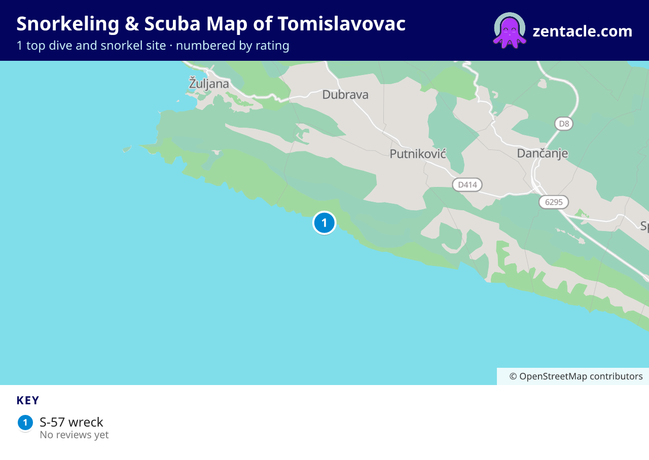 Snorkeling & Scuba Map of Tomislavovac: numbered map of the top 1 dive and snorkel sites, with ratings