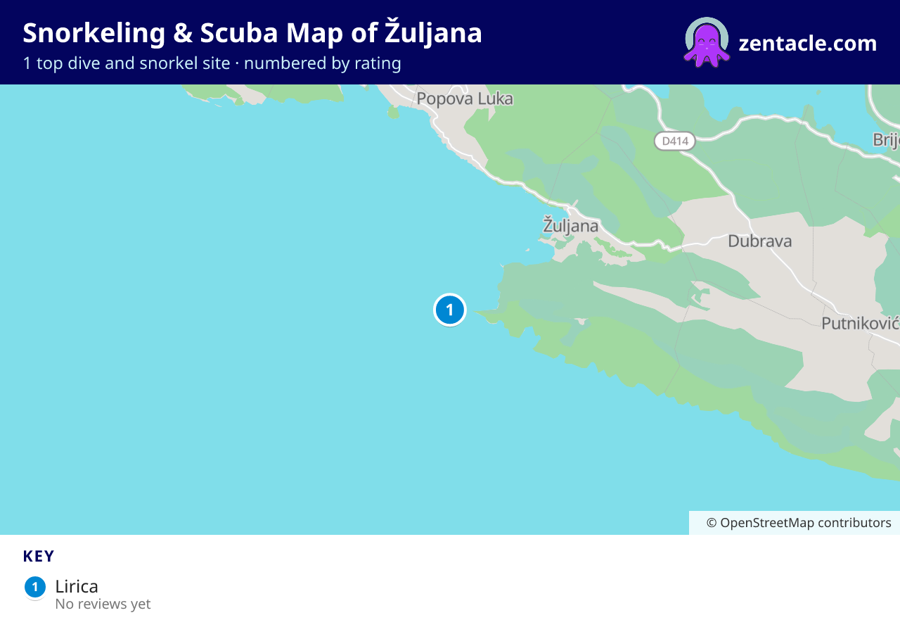 Snorkeling & Scuba Map of Žuljana: numbered map of the top 1 dive and snorkel sites, with ratings