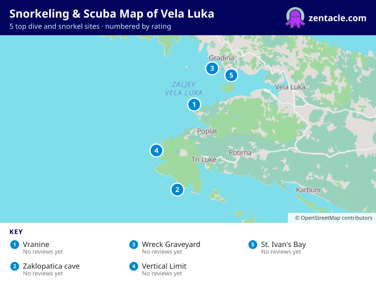 Snorkeling & Scuba Map of Vela Luka: numbered map of the top 5 dive and snorkel sites, with ratings