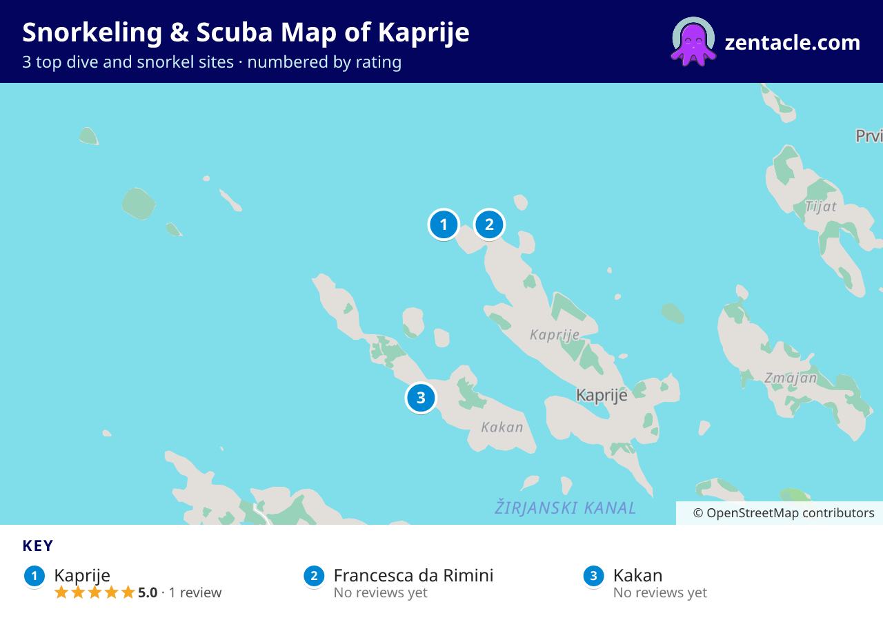 Snorkeling & Scuba Map of Kaprije: numbered map of the top 3 dive and snorkel sites, with ratings