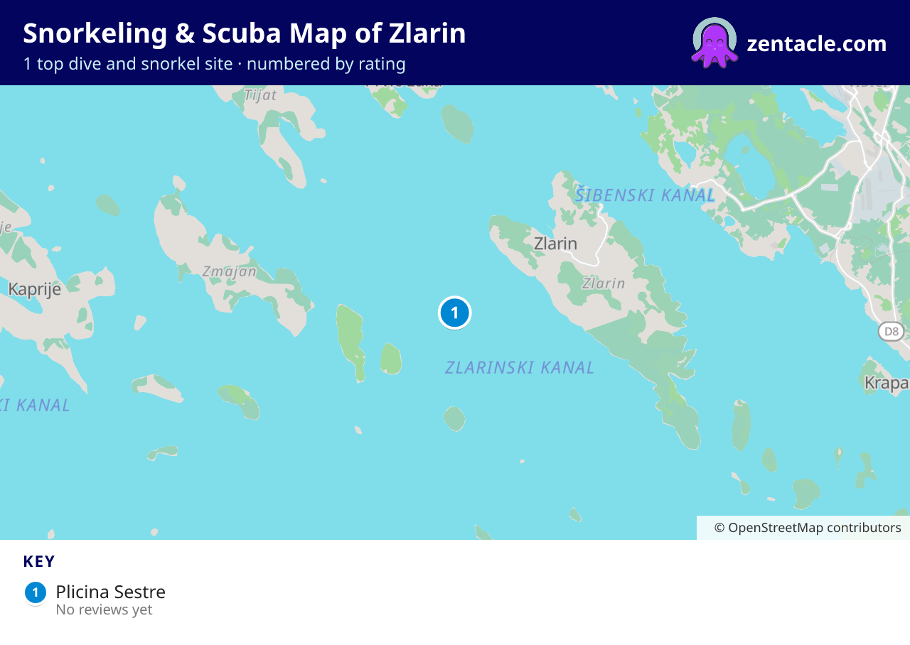 Snorkeling & Scuba Map of Zlarin: numbered map of the top 1 dive and snorkel sites, with ratings