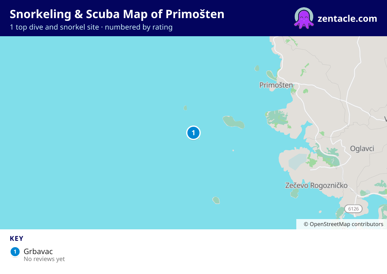 Snorkeling & Scuba Map of Primošten: numbered map of the top 1 dive and snorkel sites, with ratings