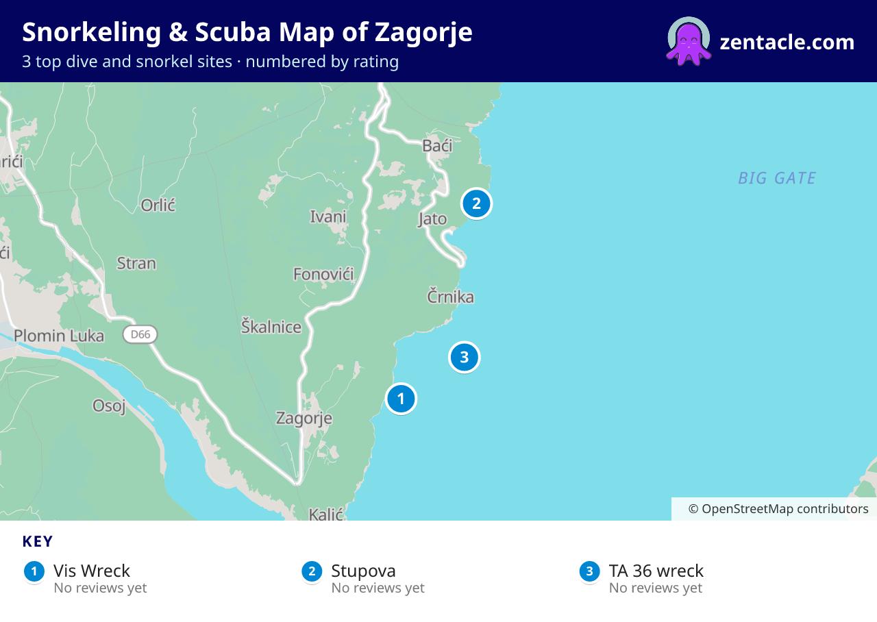 Snorkeling & Scuba Map of Zagorje: numbered map of the top 3 dive and snorkel sites, with ratings