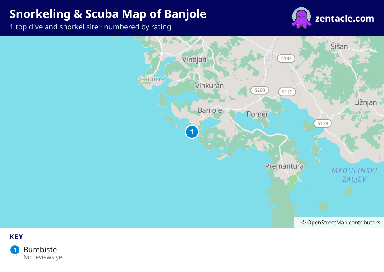 Snorkeling & Scuba Map of Banjole: numbered map of the top 1 dive and snorkel sites, with ratings