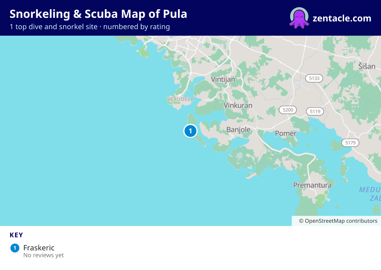 Snorkeling & Scuba Map of Pula: numbered map of the top 1 dive and snorkel sites, with ratings