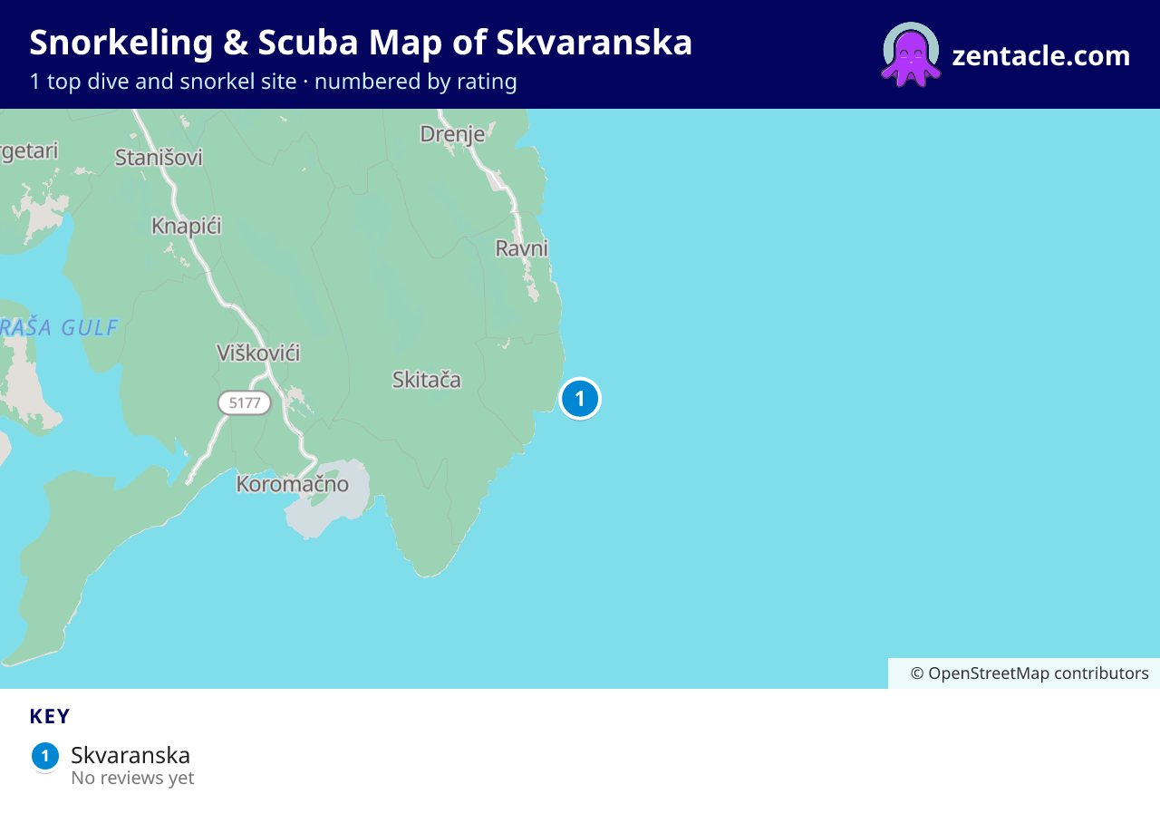 Snorkeling & Scuba Map of Skvaranska: numbered map of the top 1 dive and snorkel sites, with ratings