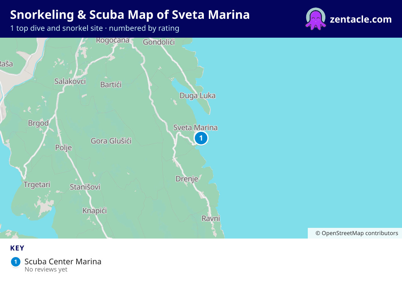 Snorkeling & Scuba Map of Sveta Marina: numbered map of the top 1 dive and snorkel sites, with ratings