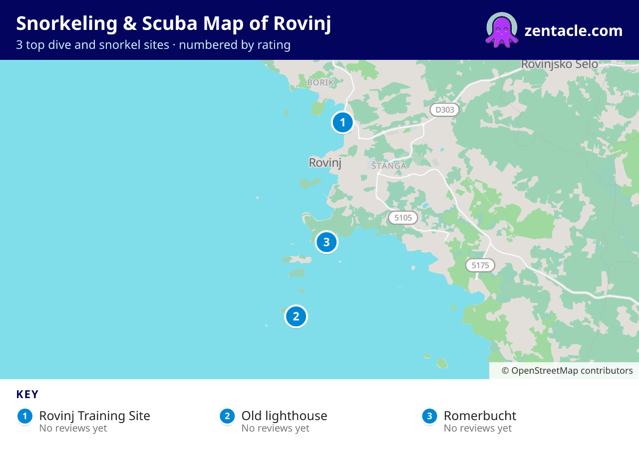 Snorkeling & Scuba Map of Rovinj: numbered map of the top 3 dive and snorkel sites, with ratings