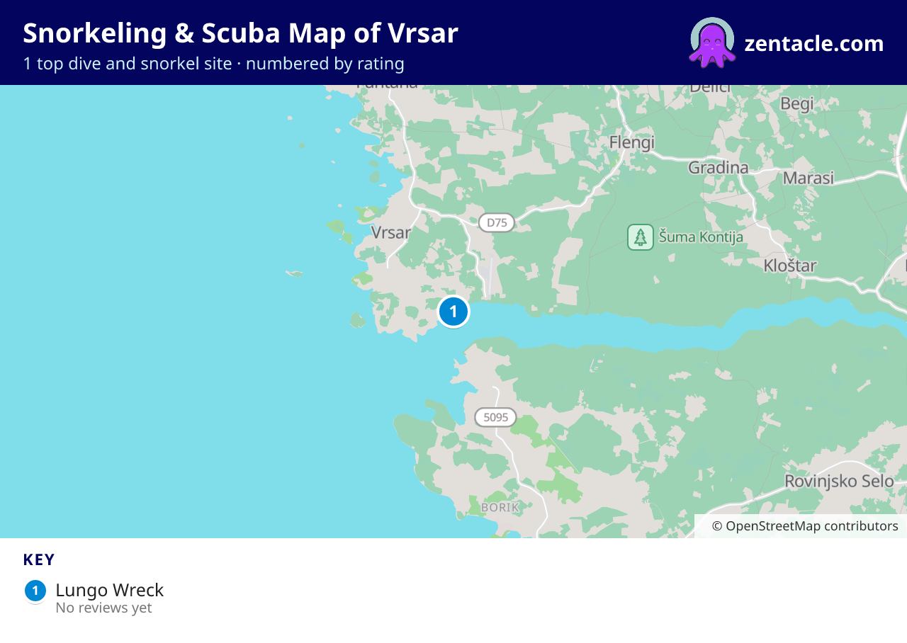 Snorkeling & Scuba Map of Vrsar: numbered map of the top 1 dive and snorkel sites, with ratings