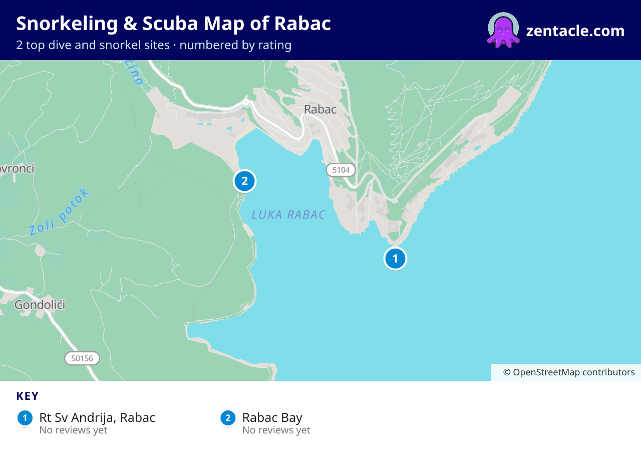 Snorkeling & Scuba Map of Rabac: numbered map of the top 2 dive and snorkel sites, with ratings