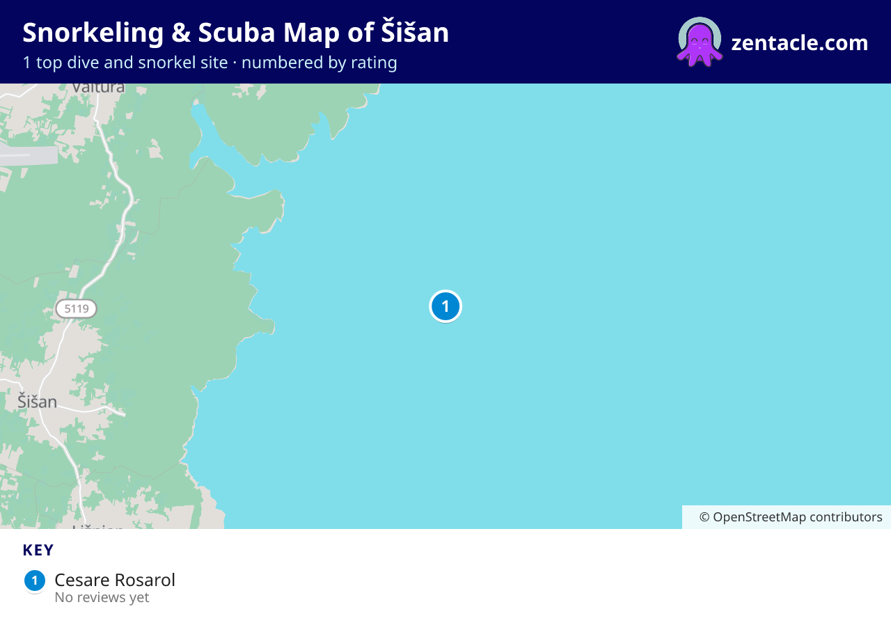 Snorkeling & Scuba Map of Šišan: numbered map of the top 1 dive and snorkel sites, with ratings