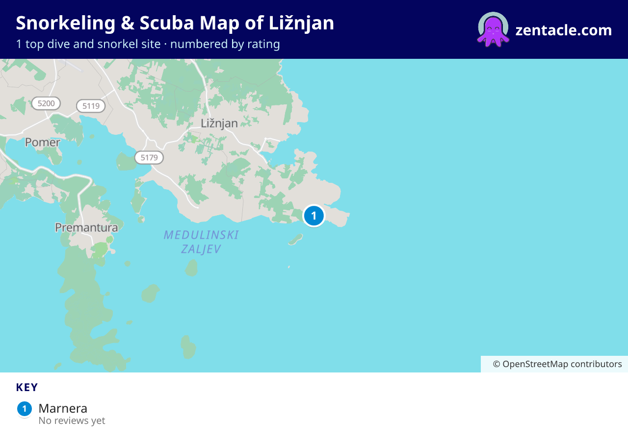 Snorkeling & Scuba Map of Ližnjan: numbered map of the top 1 dive and snorkel sites, with ratings