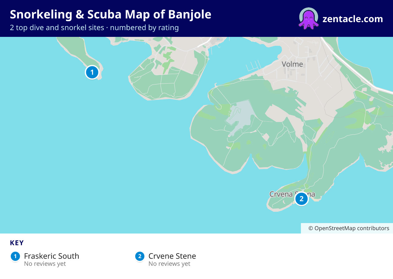 Snorkeling & Scuba Map of Banjole: numbered map of the top 2 dive and snorkel sites, with ratings