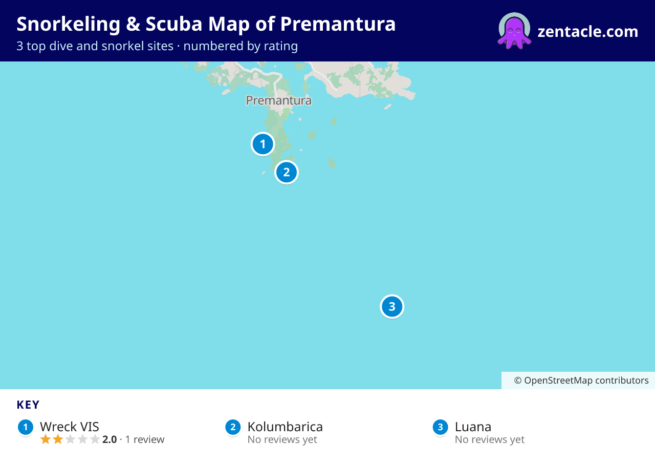 Snorkeling & Scuba Map of Premantura: numbered map of the top 3 dive and snorkel sites, with ratings