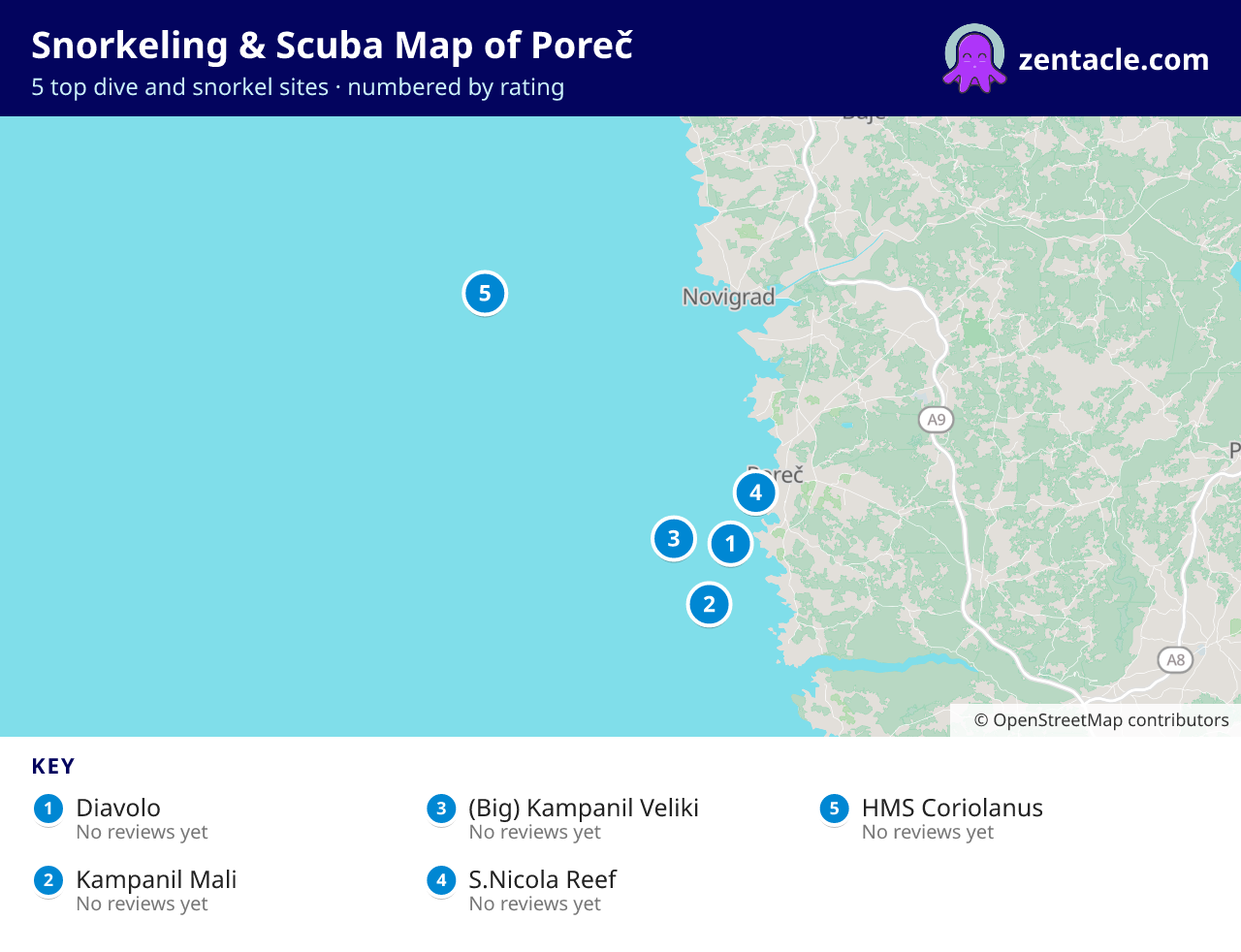 Snorkeling & Scuba Map of Poreč: numbered map of the top 5 dive and snorkel sites, with ratings
