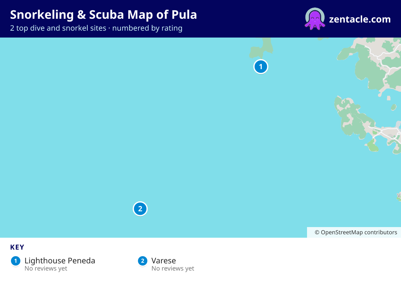 Snorkeling & Scuba Map of Pula: numbered map of the top 2 dive and snorkel sites, with ratings