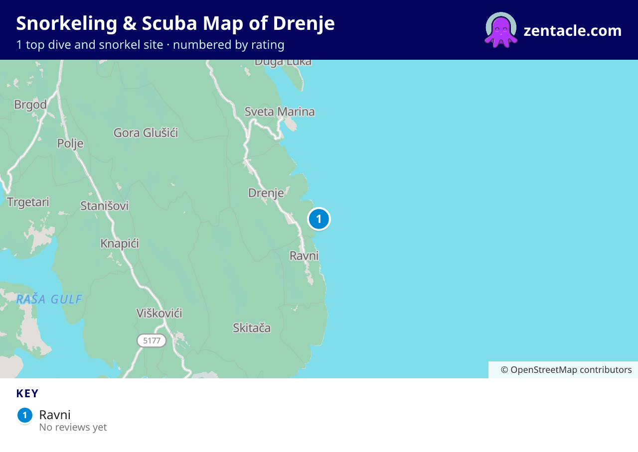Snorkeling & Scuba Map of Drenje: numbered map of the top 1 dive and snorkel sites, with ratings