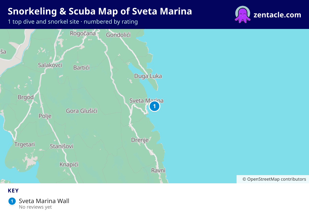 Snorkeling & Scuba Map of Sveta Marina: numbered map of the top 1 dive and snorkel sites, with ratings