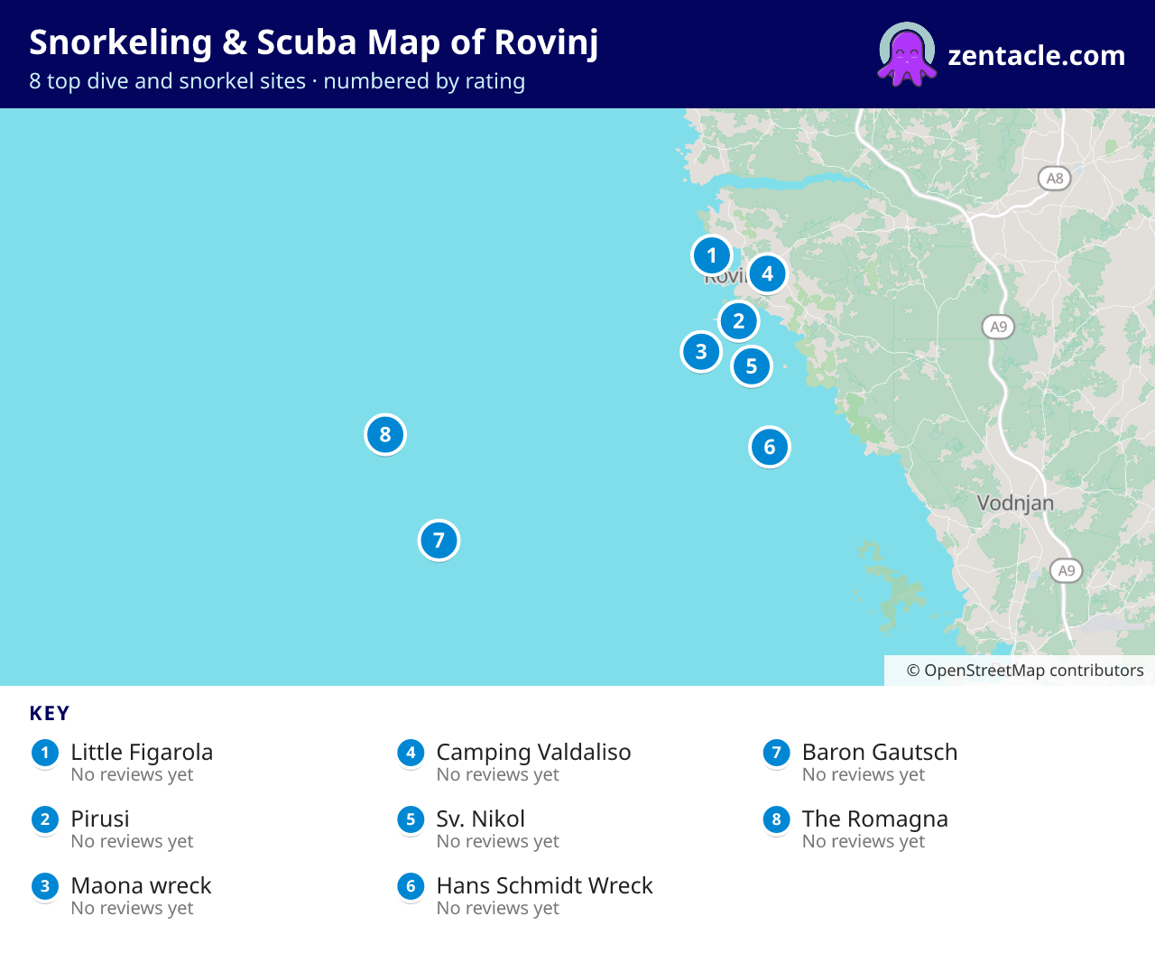 Snorkeling & Scuba Map of Rovinj: numbered map of the top 8 dive and snorkel sites, with ratings