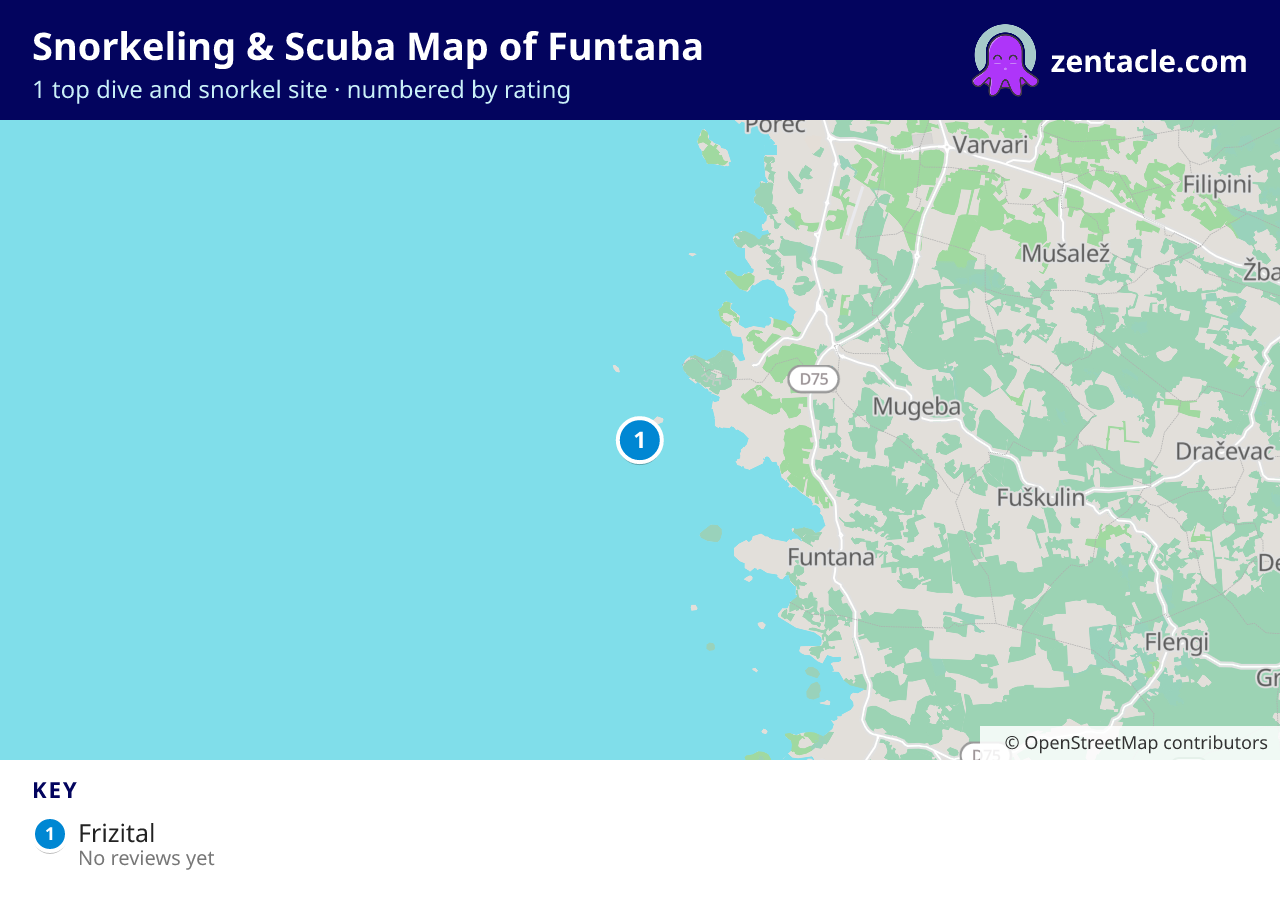 Snorkeling & Scuba Map of Funtana: numbered map of the top 1 dive and snorkel sites, with ratings