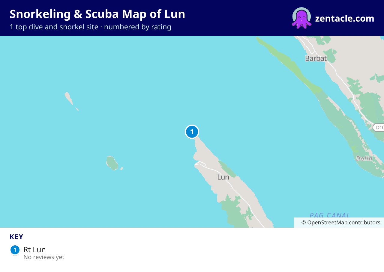 Snorkeling & Scuba Map of Lun: numbered map of the top 1 dive and snorkel sites, with ratings