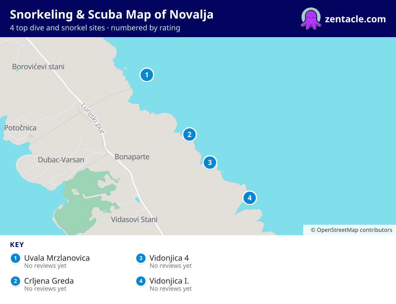 Snorkeling & Scuba Map of Novalja: numbered map of the top 4 dive and snorkel sites, with ratings