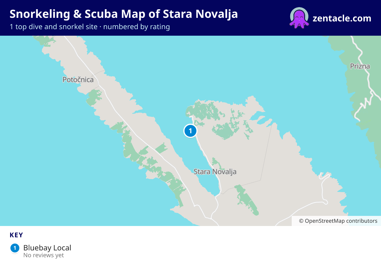 Snorkeling & Scuba Map of Stara Novalja: numbered map of the top 1 dive and snorkel sites, with ratings