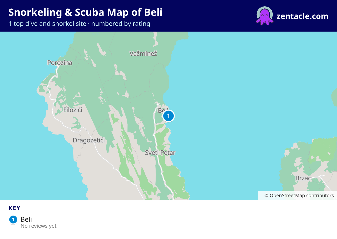 Snorkeling & Scuba Map of Beli: numbered map of the top 1 dive and snorkel sites, with ratings