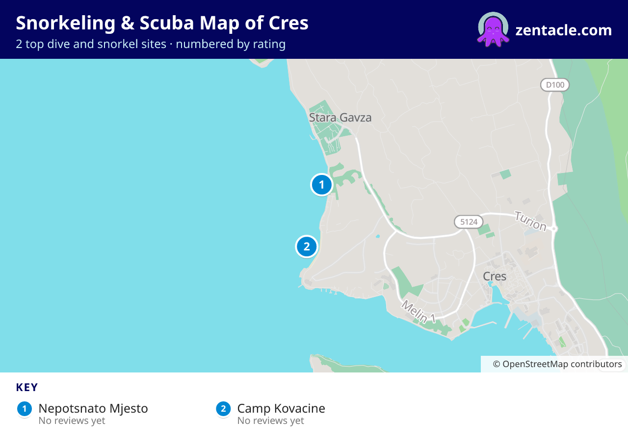 Snorkeling & Scuba Map of Cres: numbered map of the top 2 dive and snorkel sites, with ratings