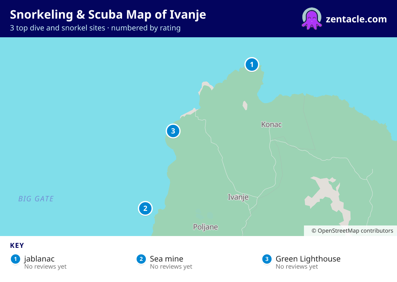 Snorkeling & Scuba Map of Ivanje: numbered map of the top 3 dive and snorkel sites, with ratings